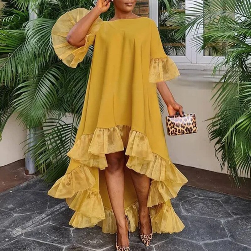 Long Dress Vestidos Vintage Loose O-Neck Irregular Ruffle Dress Autumn Flare Sleeve Pullover Women Maxi Dress - Image 5