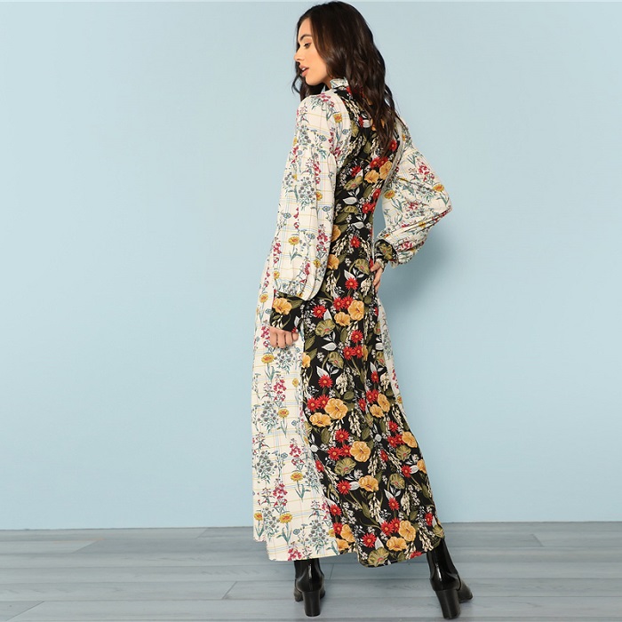 Multi color Party Mock Neck Lantern Sleeve Cut And Sew Floral Natural Waist Maxi Dress New Autumn High street Women Dress - Image 5