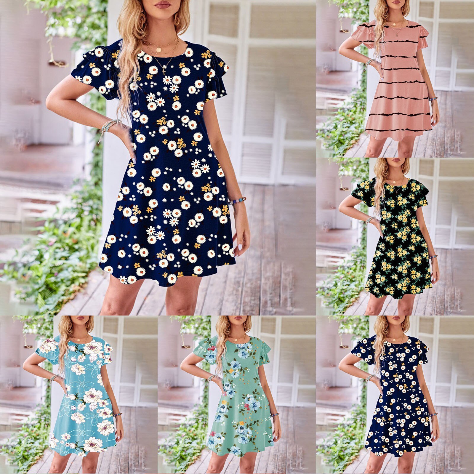 New Women's New Round Short Dress Neck Fly Sleeve Short Sleeve Floral Printed Beach Female Boho Party Ladies Sundress