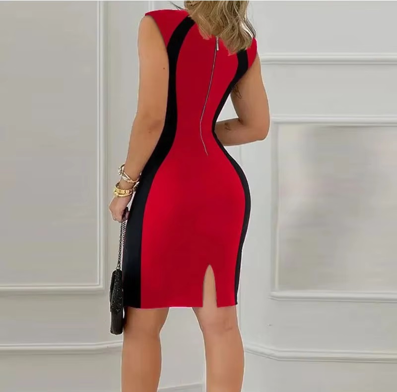 O-Neck Sleeveless Hip Panelled Office Lady Bodycon Robe Short Dresses - Image 4