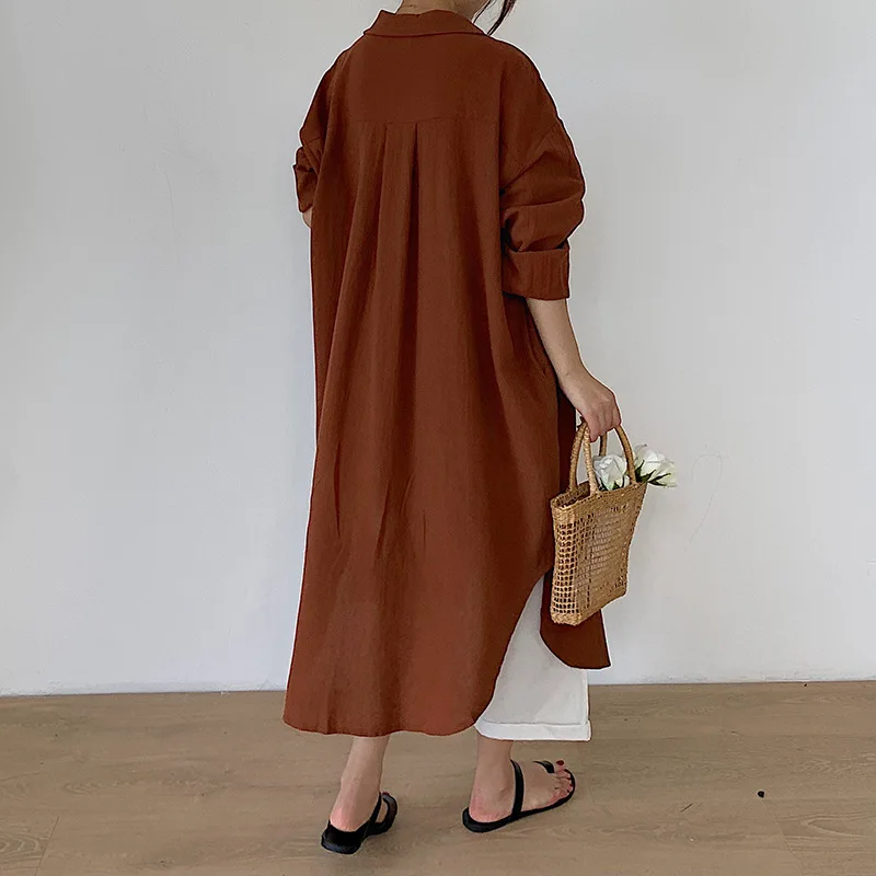 Oversize Casual Linen Cotton Long Sleeve Midi Blouse Loose Shirt Dress - Image 3