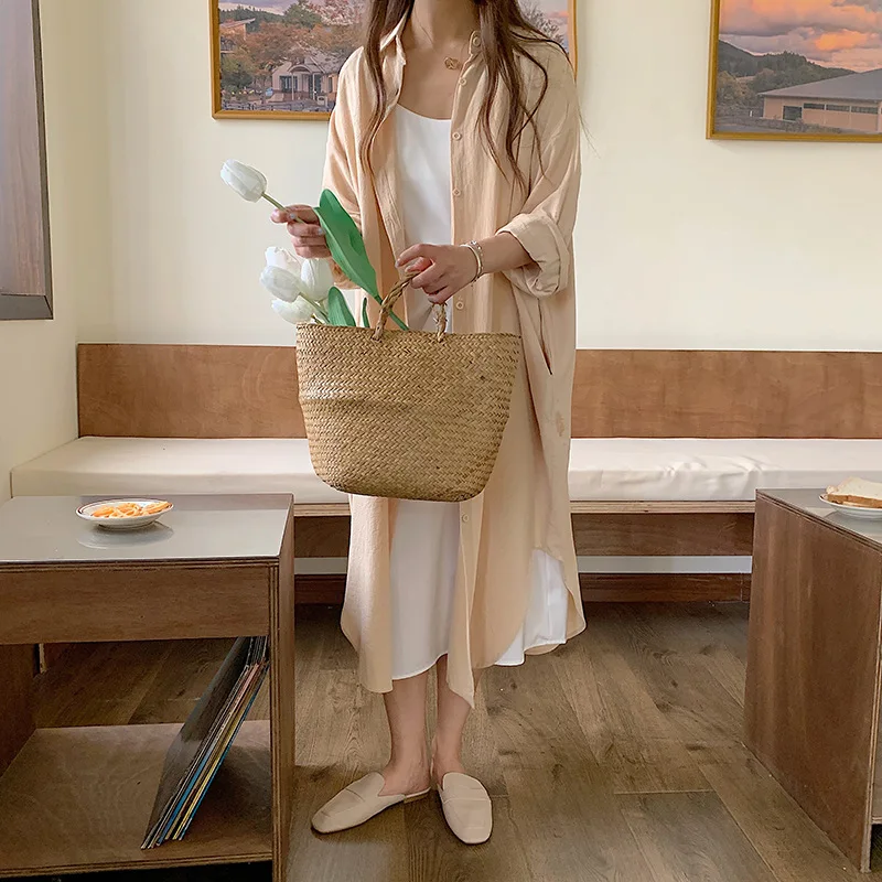 Oversize Casual Linen Cotton Long Sleeve Midi Blouse Loose Shirt Dress