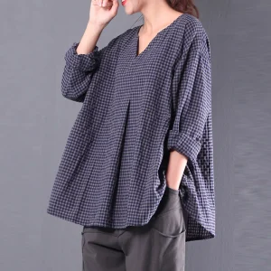 Plaid Shirts Long Sleeve Cotton Blouses Casual Tops Vintage V Neck Shirts