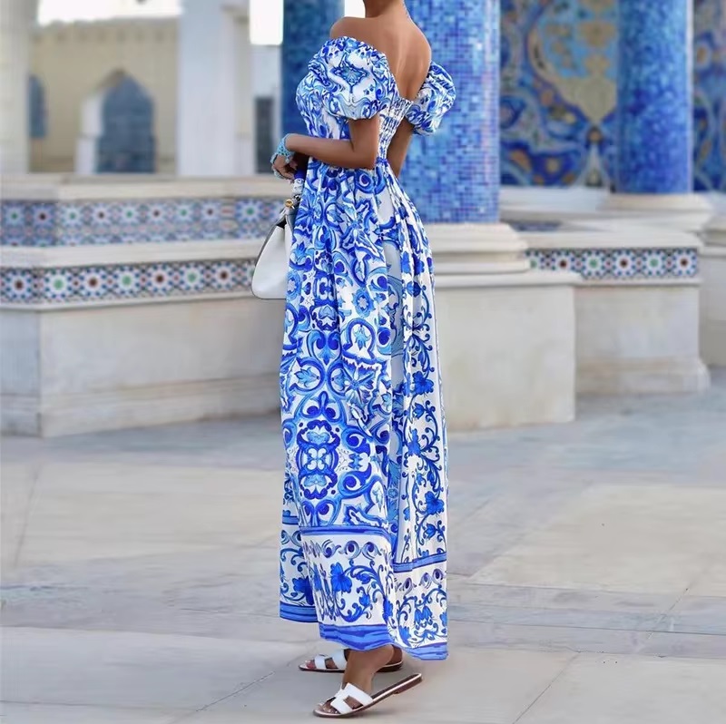 Pleated Backless Bohemian Elegant Off Shoulder Puff Sleeve Party Long Maxi Dresses