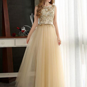 Prom Dresses Light Gold Lace Tulle Long Graduation Dress Bow Sash Floor Length Party Dress