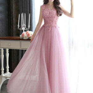 Prom Dresses Long Lace Applique Beaded Tulle Floor Length Backless Formal Party Dress