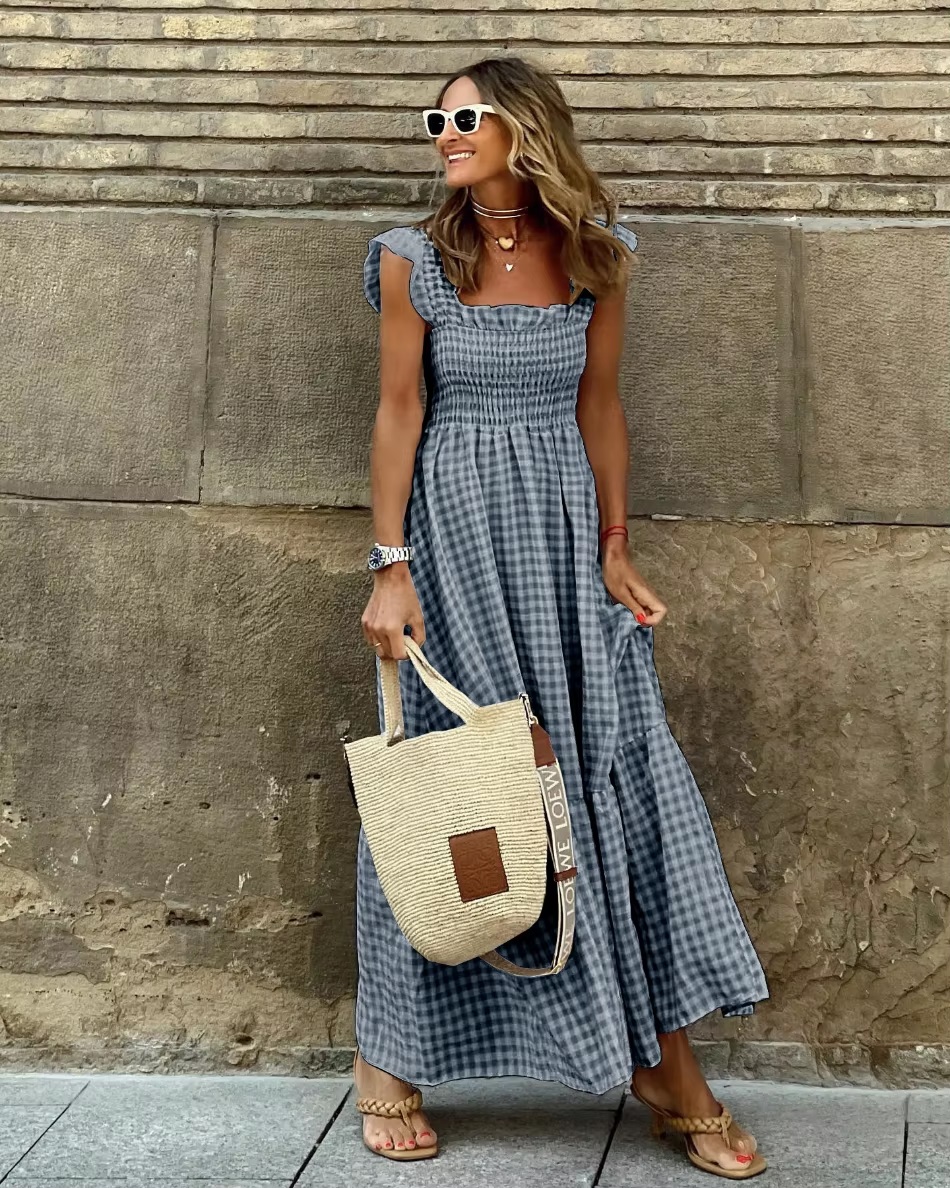 Ruffled Straps Sleeveless Long Robe Fashion Plaid Holiday Maxi Dress