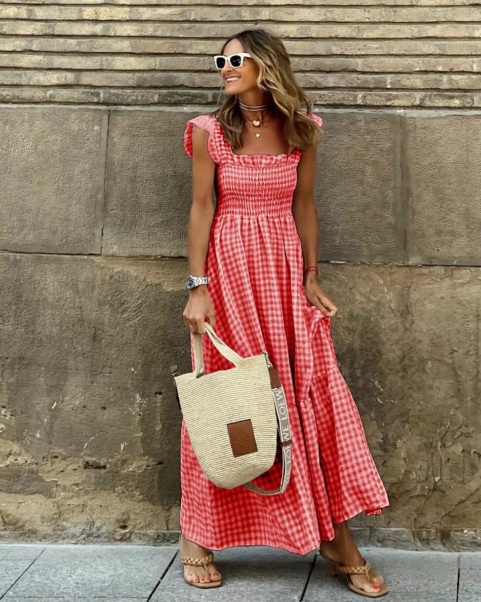 Ruffled Straps Sleeveless Long Robe Fashion Plaid Holiday Maxi Dress - Image 2