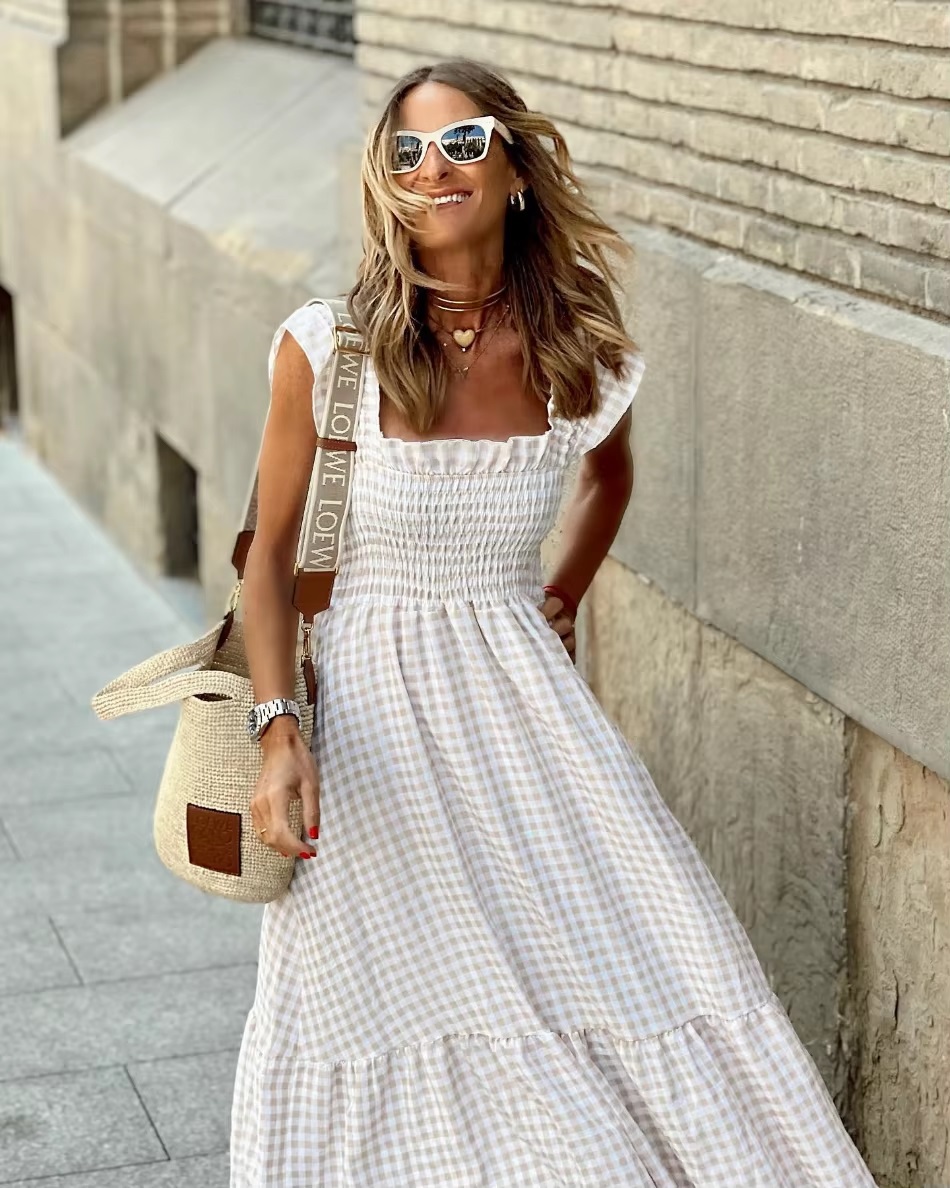 Ruffled Straps Sleeveless Long Robe Fashion Plaid Holiday Maxi Dress - Image 4