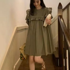 Short Petal Sleeve O-Neck Ruffles Patchwork Pleated Pregnancy Maternity Mini Dress