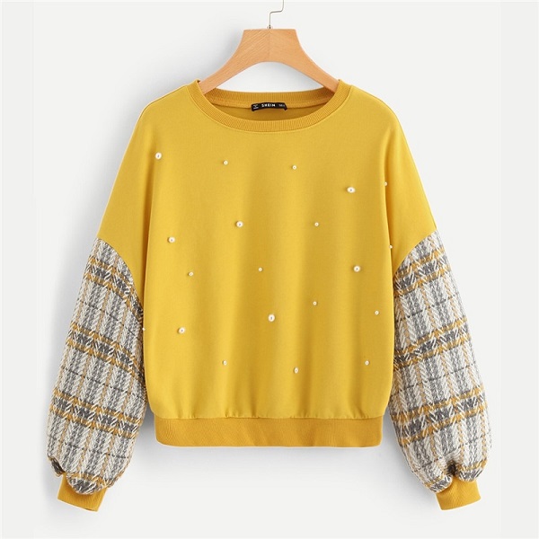 Shoulder Plaid Pullover Sweatshirt Autumn Modern Lady Women Sweatshirts