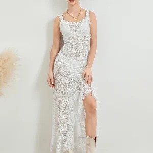 Sleeveless Backless Tie-up Ruffled See-through Lace Long Slit Dress