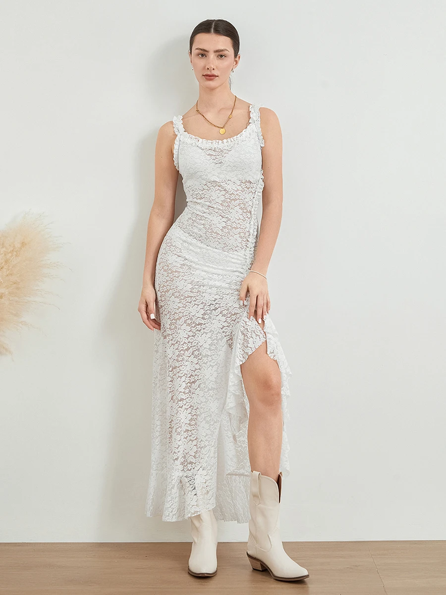 Sleeveless Backless Tie-up Ruffled See-through Lace Long Slit Dress