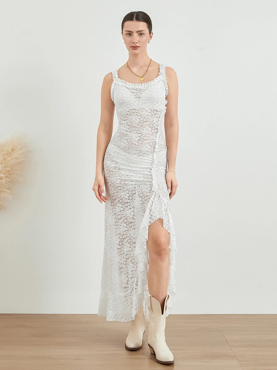 Sleeveless Backless Tie-up Ruffled See-through Lace Long Slit Dress - Image 2