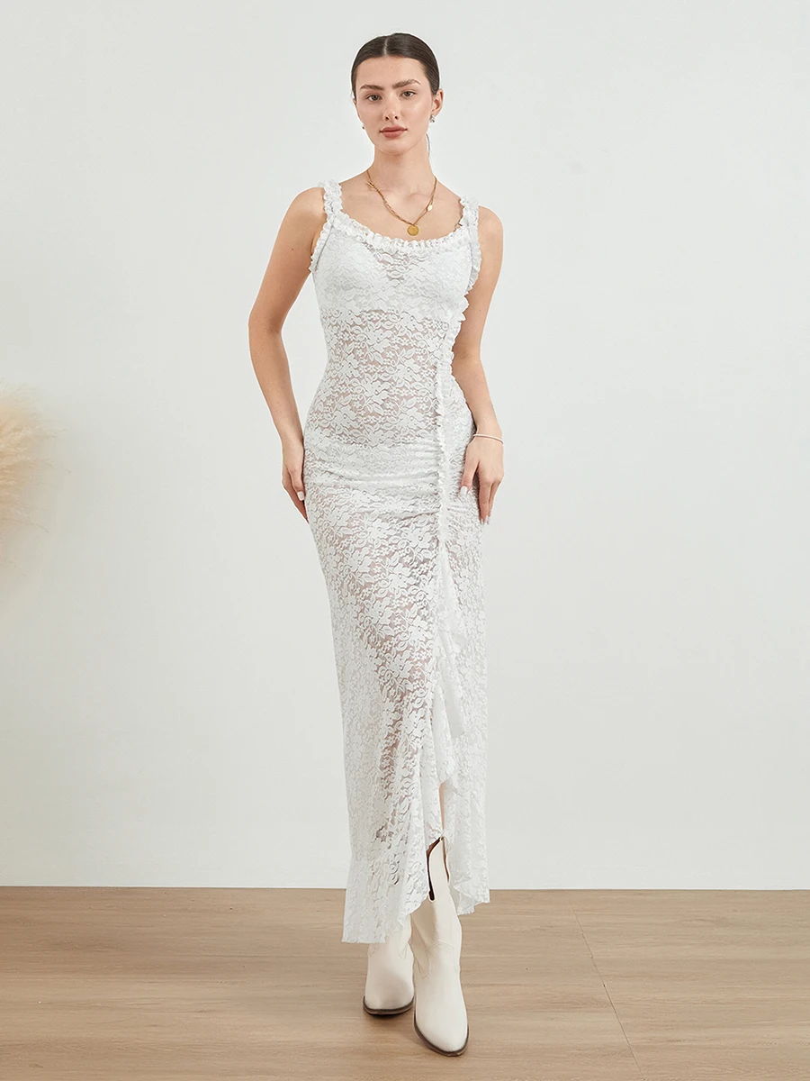 Sleeveless Backless Tie-up Ruffled See-through Lace Long Slit Dress - Image 3