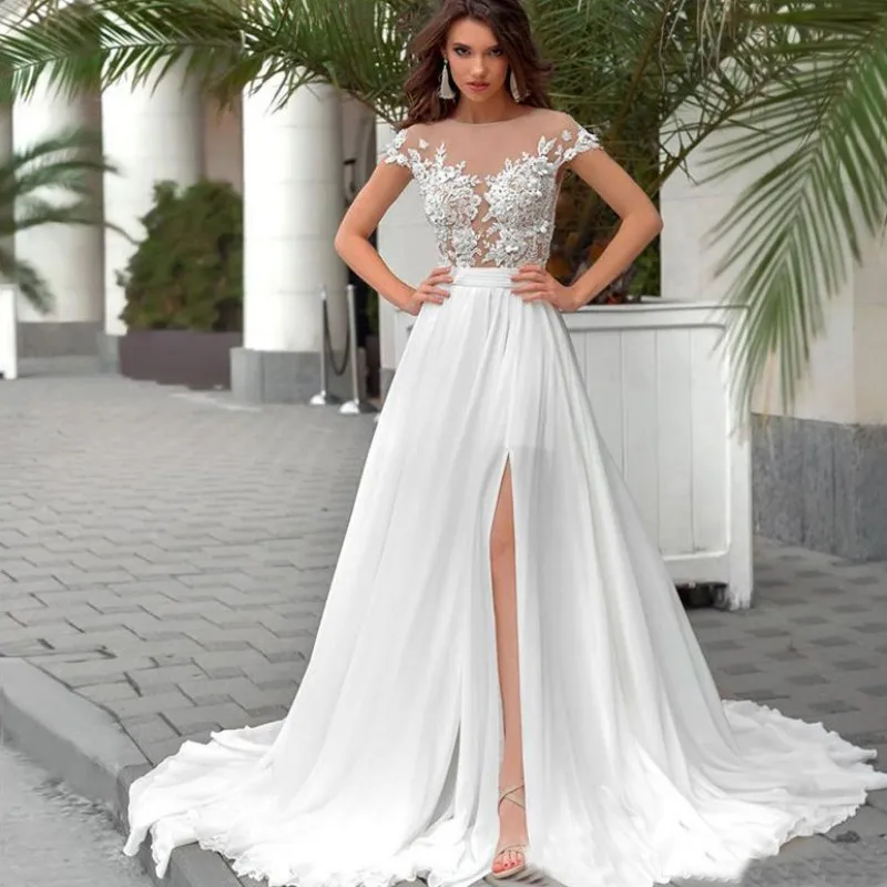 Split Lace Robe O-Neck Vestidos Appliques Chiffon Wedding Dress Vestido