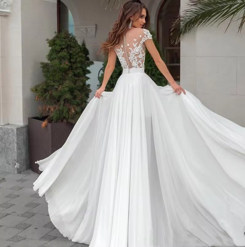 Split Lace Robe O-Neck Vestidos Appliques Chiffon Wedding Dress Vestido - Image 2