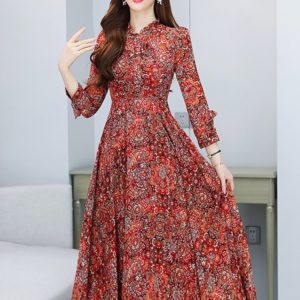 Spring Autumn Red Floral Ruffled Collar Midi Dress Women Long Sleeve Bodycon Party Dress