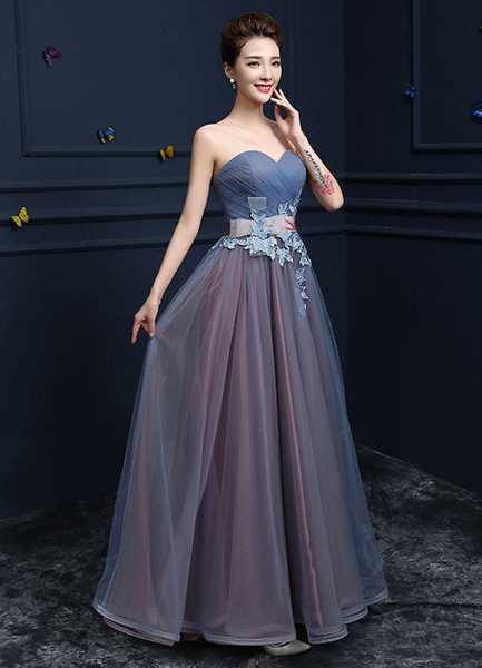 Sweetheart Evening Dresses Strapless Tulle Prom Dresses A Line Floor Length Lace Up Applique Party Dresses With Sash - Image 9