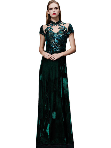 Velvet Evening Dress Illusion Sequin Mother S Dress Dark Green