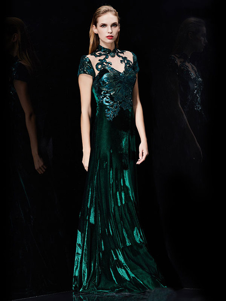 Velvet Evening Dress Illusion Sequin Mother S Dress Dark Green