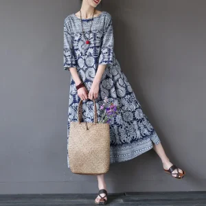 Vintage Print Literature and Art National Style Pottery Loose Casual Flower Dress