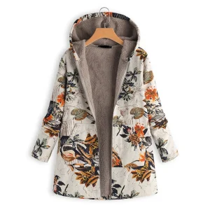 Warm Floral Print Vintage Oversized Coats Padded Hooded Jacket