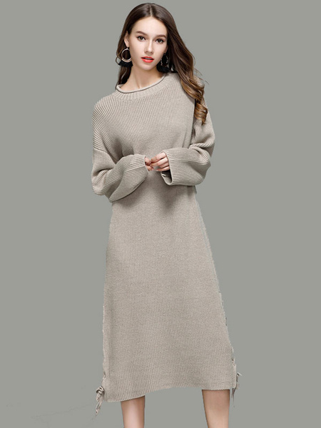 White Knit Dress Women Sweater Dress Round Neck Long Sleeve Lace Up Long Dress - Image 5