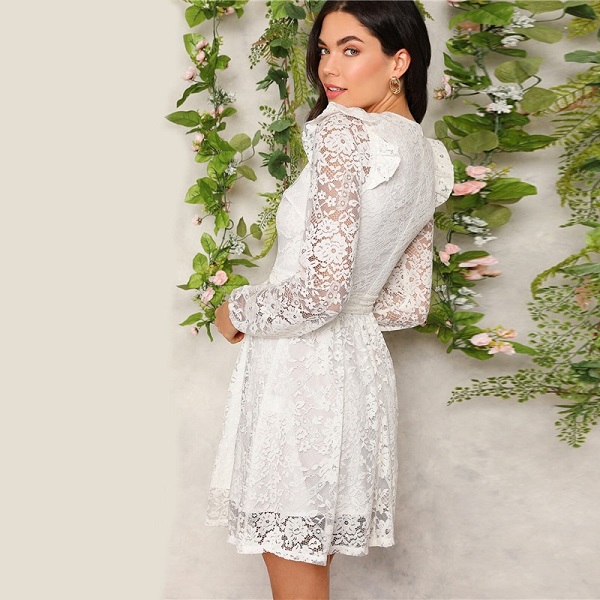 White Zip Back Ruffle Shoulder Belted Lace Spring Dresses - Image 5