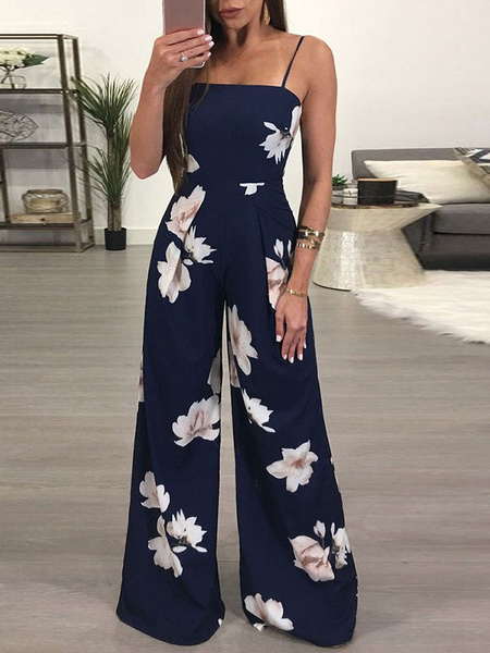 Wide Leg Jumpsuit Floral Backless Knotted One Piece Jumpsuit For