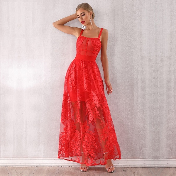 red maxi lace dress