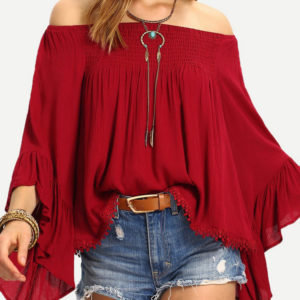 Women Casual Solid Color Off Shoulder Long Sleeve Blouse - Red 6