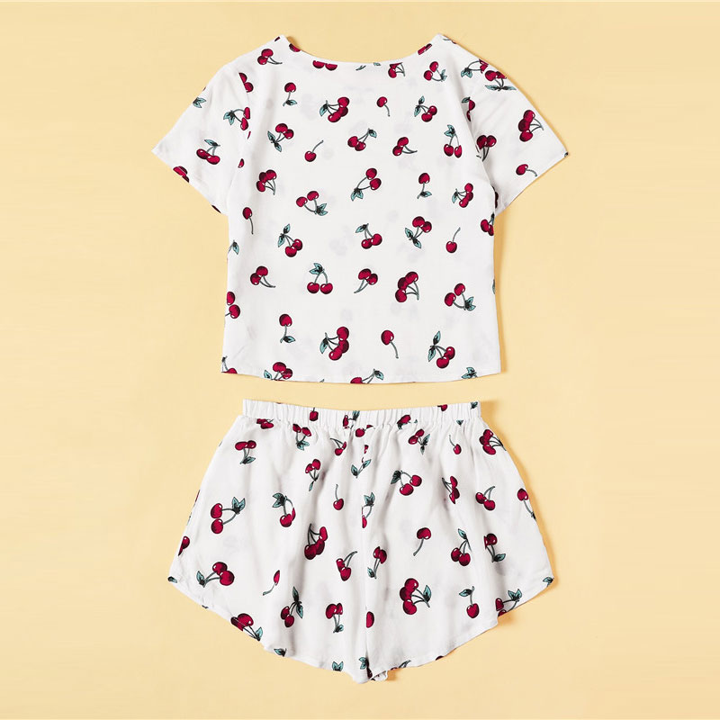 Women Cherry Print Top And Shorts Pajamas Set Casual Sleepwear - TD Mercado