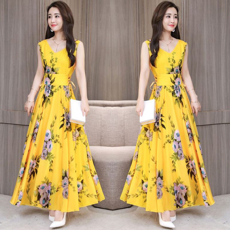 Women Fashion Floral Print V-Neck Summer Chiffon Dress Vintage Slim ...