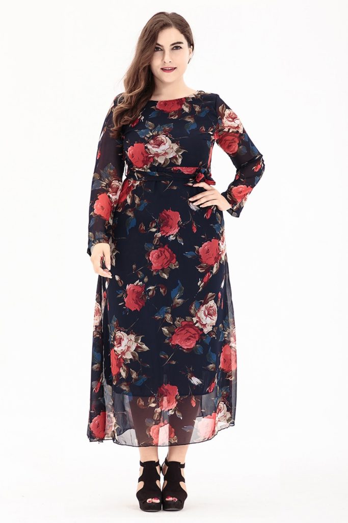Women Plus Size Elegant Rose Flower Print Party Dresses - TD Mercado