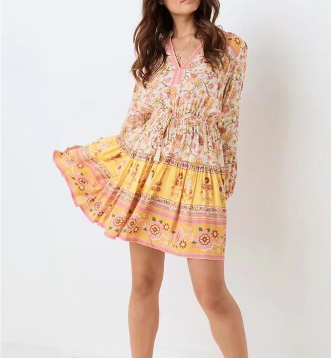 Women Yellow Floral Print Long sleeve Dress BOHO Holiday V neck Tassel Bandage Elastic Waist Mini Short Dresses
