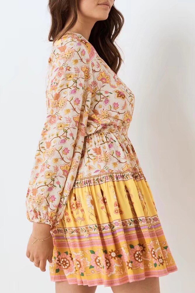 Women Yellow Floral Print Long sleeve Dress BOHO Holiday V neck Tassel Bandage Elastic Waist Mini Short Dresses - Image 3