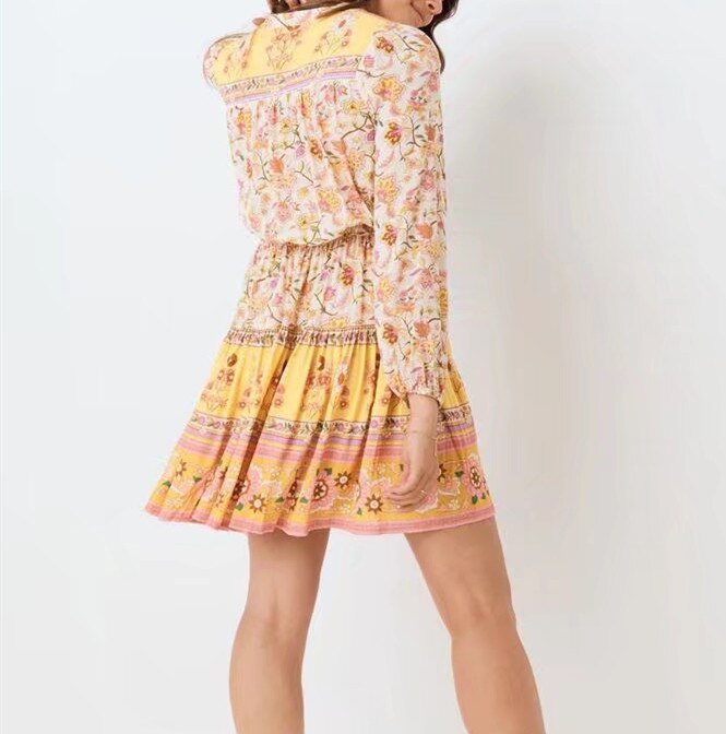 Women Yellow Floral Print Long sleeve Dress BOHO Holiday V neck Tassel Bandage Elastic Waist Mini Short Dresses - Image 4