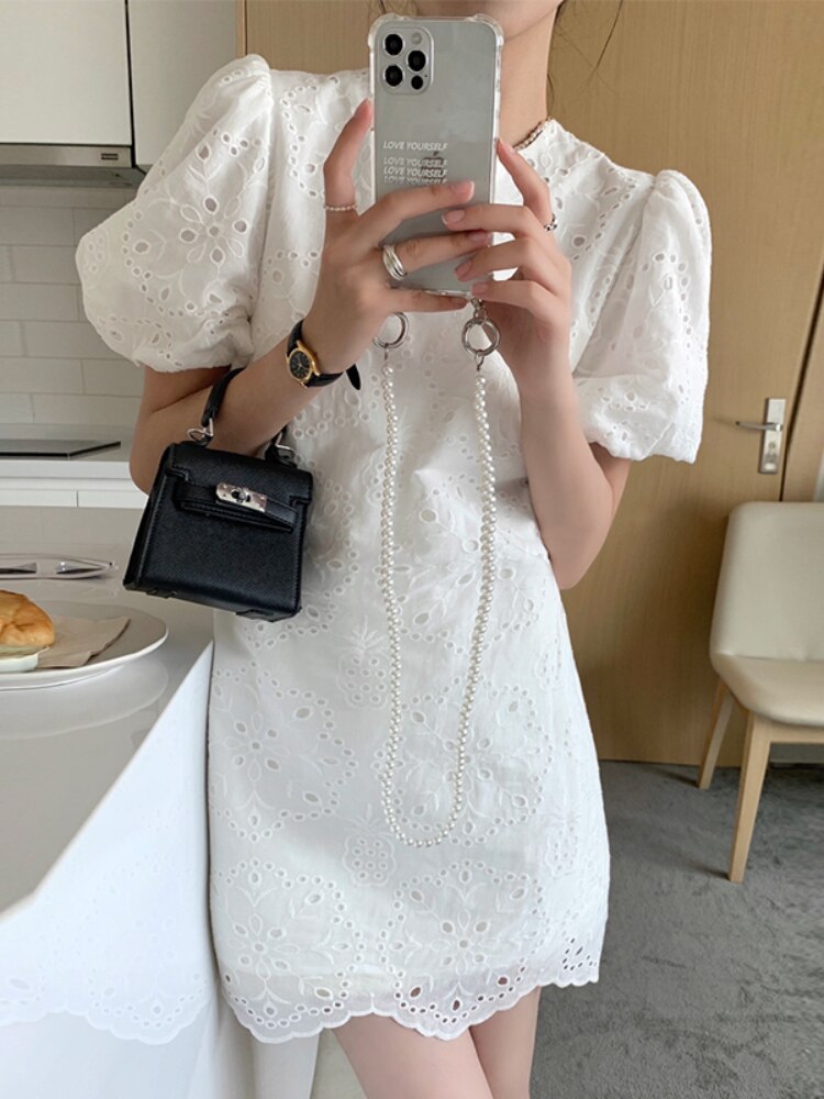 Women's Dress Puff Sleeve Spring Sweet O-Neck White Loose Embroidered Lace Korean Chic Casual Vestidos Vintage Dresses