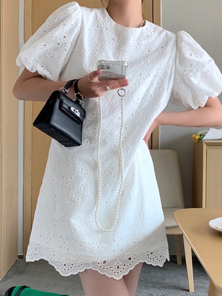 Women's Dress Puff Sleeve Spring Sweet O-Neck White Loose Embroidered Lace Korean Chic Casual Vestidos Vintage Dresses - Image 3