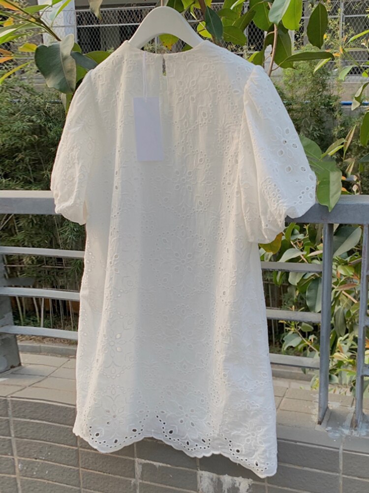 Women's Dress Puff Sleeve Spring Sweet O-Neck White Loose Embroidered Lace Korean Chic Casual Vestidos Vintage Dresses - Image 4