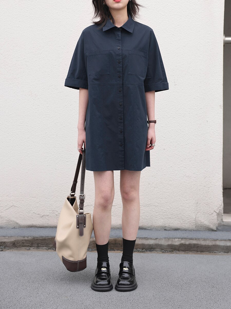 Women's Dresses Solid Single Breasted Casual Loose Short Sleeve Shirt Dress Cotton - Image 2