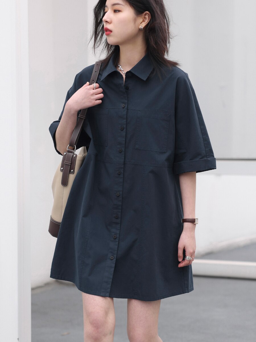 Women's Dresses Solid Single Breasted Casual Loose Short Sleeve Shirt Dress Cotton