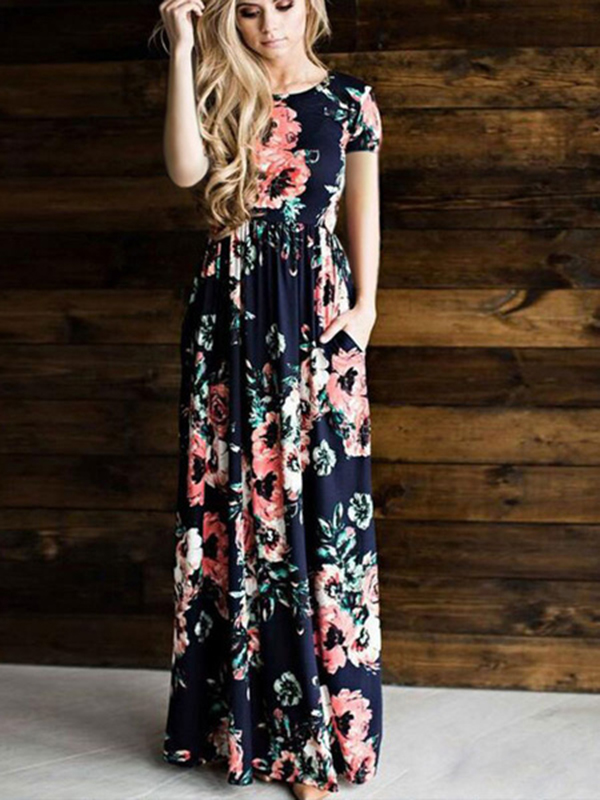 Women S Maxi Dresses Floral Print Short Sleeve Summer Long Dress