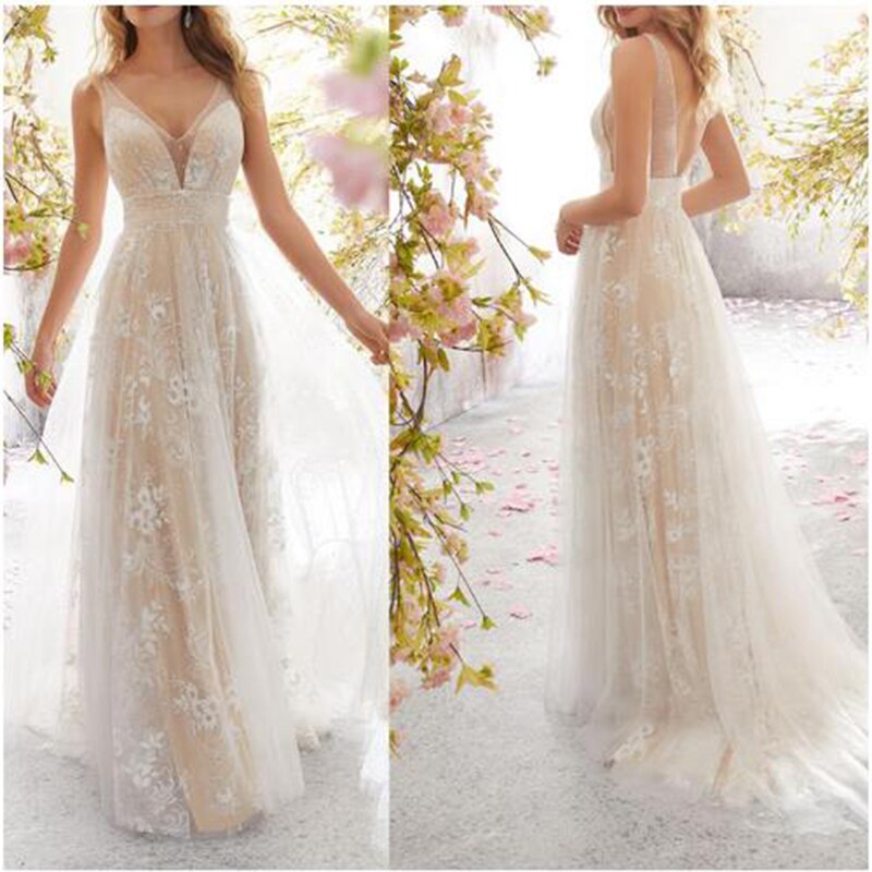 Women's New Elegant Classic White Sexy V-neck Sleeveless Lace Party Wear Lady Wedding Dress