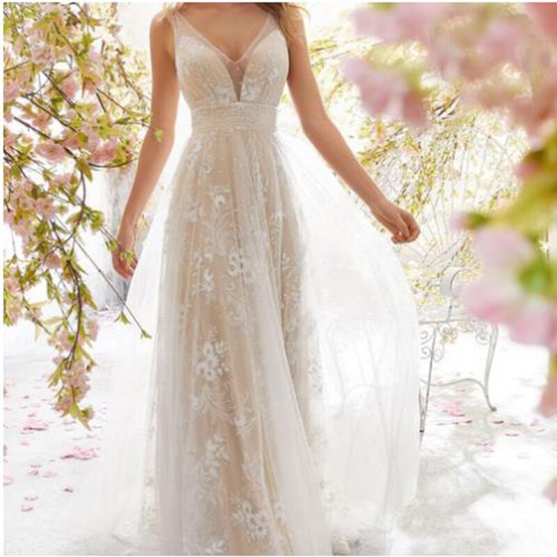 Women's New Elegant Classic White Sexy V-neck Sleeveless Lace Party Wear Lady Wedding Dress - Image 3