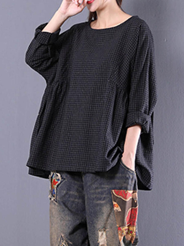 Vintage Long Sleeve Crewneck Check Loose Baggy Blouse - TD Mercado