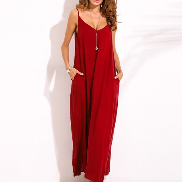 O2 Collection Women's V Neck Spaghetti Strap Maxi Dress - Loose Fit Beach Sundress With Pockets