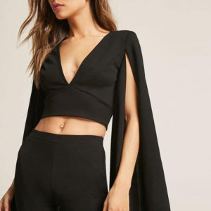 Long Sleeve Cape Shoulder V Neck Sexy Crop Top