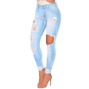 Ankle Cuffed Worn and Cut Denim Skinny Jeans
